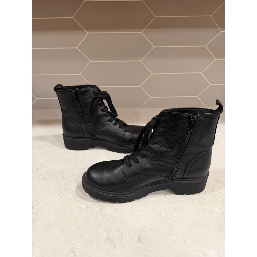 Report Shout Black Faux Leather Combat Boots Side Zip Lug Sole Womens 8.5M